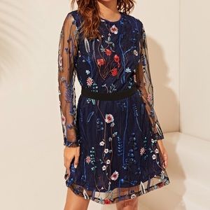 SHEIN Navy Embroidered Long Sleeve Dress